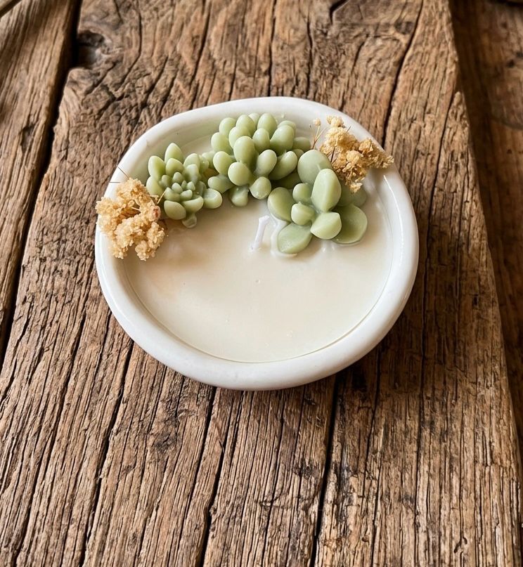 Cuenco de yeso con velas temáticas cactus