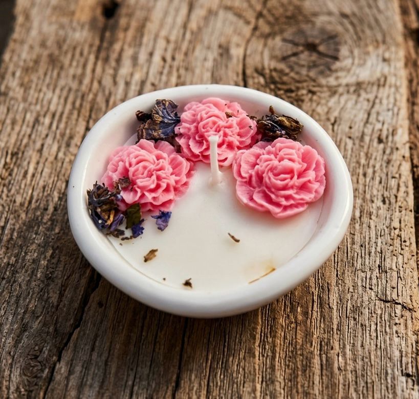 Cuenco de yeso con velas temáticas rosas