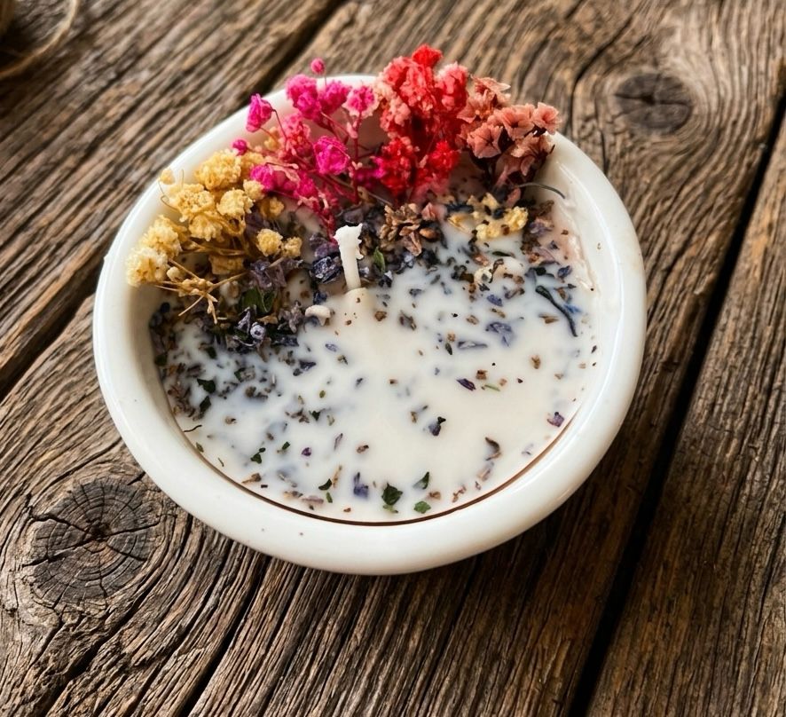 Cuenco de yeso con velas temáticas variadas
