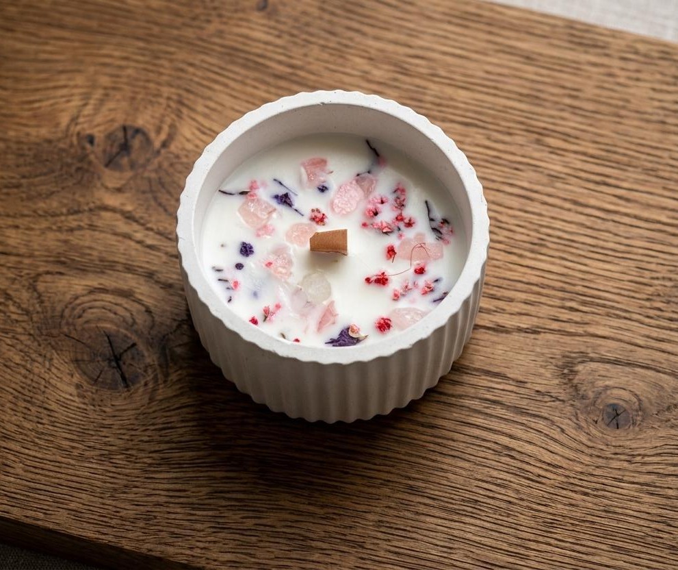 Vaso de yeso blanco con vela aromática